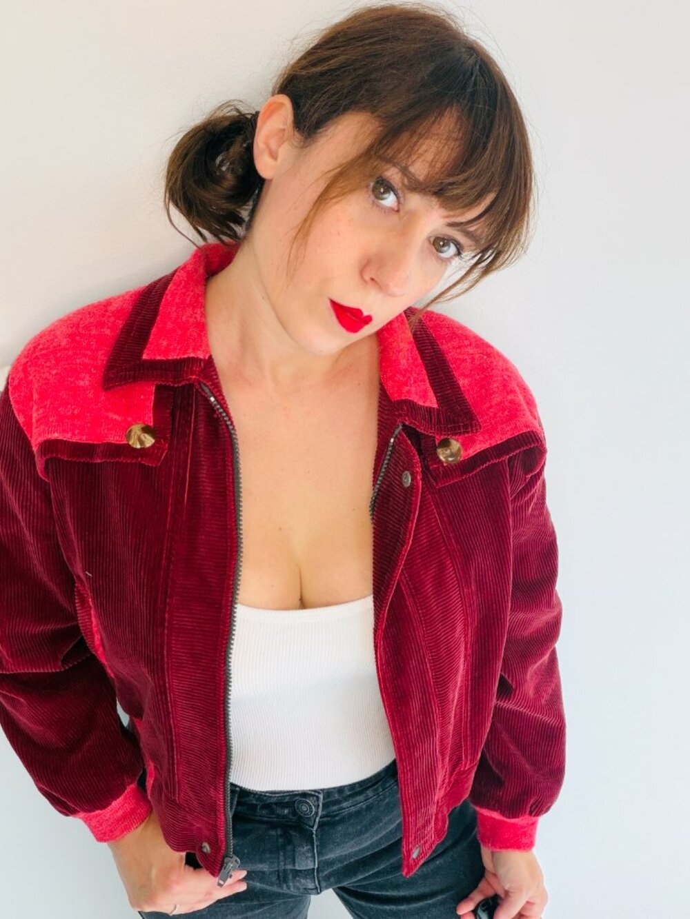 Vintage 90s Spring Green Corduroy Bomber Jacket Colorblock Pink Burgundy S/M